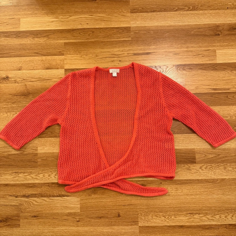 Christopher &‎ Banks Open Knit Cardigan L Coral Orange Cotton Ramie Lightweight